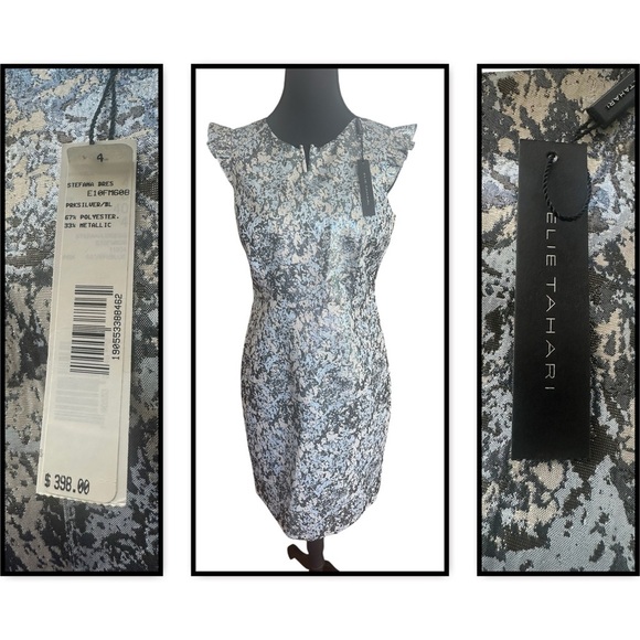 NWT Elie Tahari Metallic Baby Blue Silver & Cream Sheath Midi Dress Size 4 - Picture 1 of 11